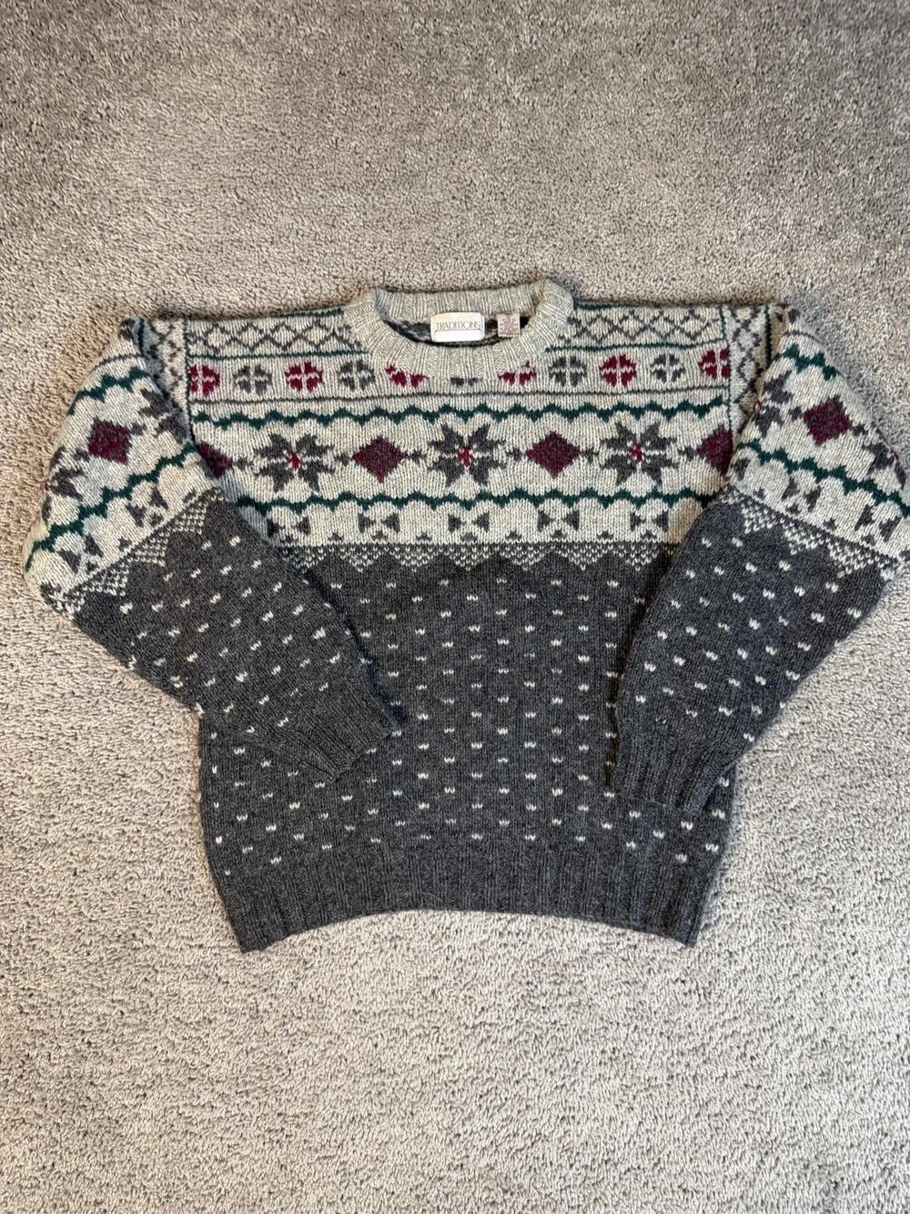 Vintage TRADITIONS Sweater Pullover Womens M Gray 100% Wool Fair Isle Chunky